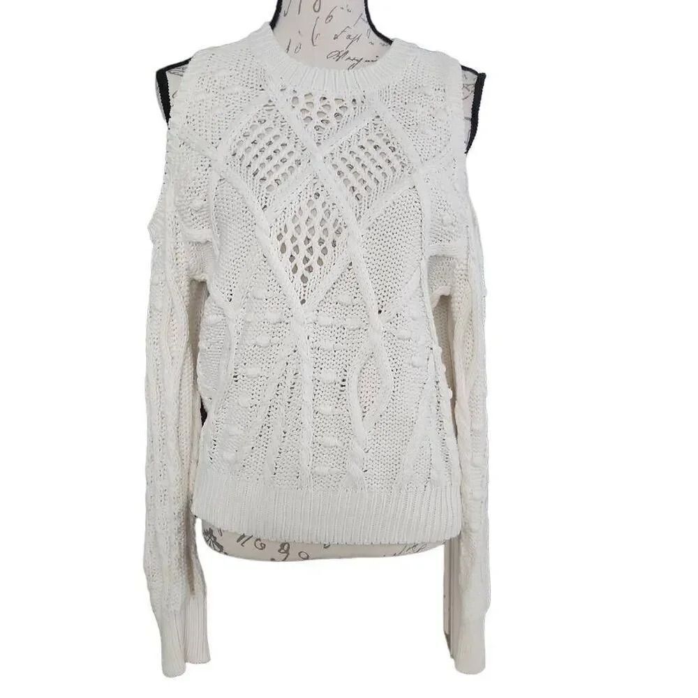 Lucky Brand Women's Size Small Ivory Cable Knit Cold Shoulder Sweater